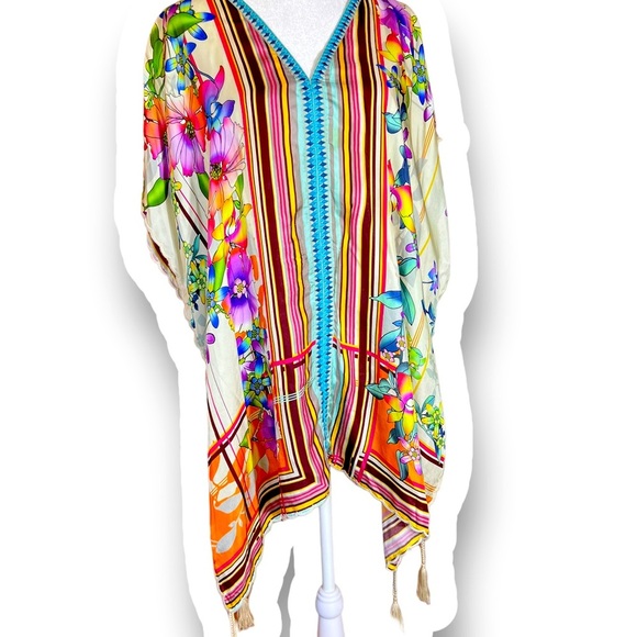 Johnny Was Floral Stripe Embroidered Trim Silk Stellar Poncho size Medium - Picture 9 of 11
